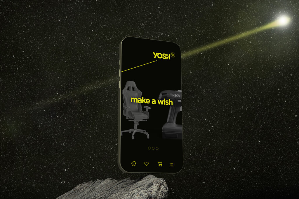 Nome empresarial e design de marca para o e-commerce YOSH, projeto de naming e branding assinado por ENTRE Design.