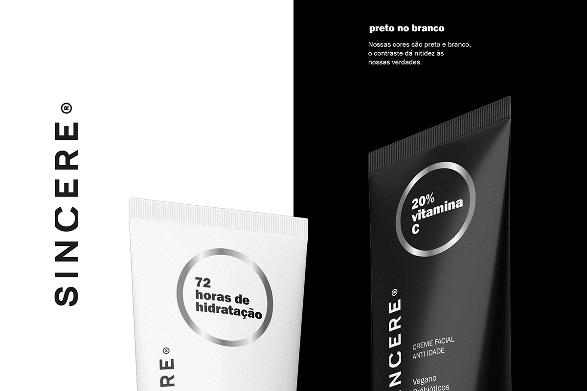 Naming, Branding and Packaging design for SINCERE products using a black and white palette. A silver circle 'lens' highlights the product benefits, with color codes for Hair (Lilac) and Sun (Gold).
