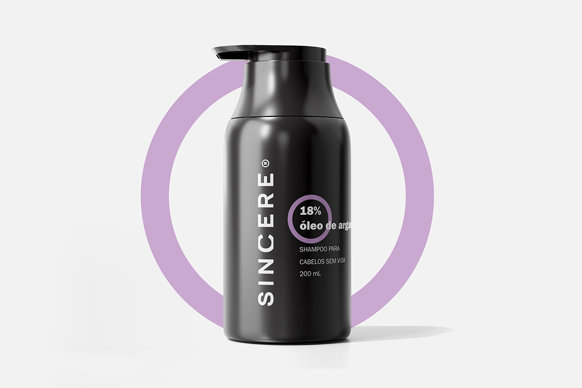 Naming, Branding and Packaging design for SINCERE products using a black and white palette. A silver circle 'lens' highlights the product benefits, with color codes for Hair (Lilac) and Sun (Gold).